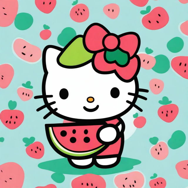 A cute cartoon image of Hello Kitty holding a watermelon with a big smile