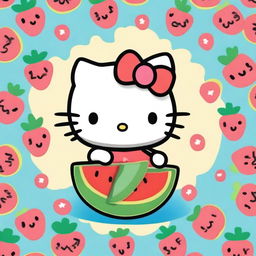 A cute cartoon image of Hello Kitty holding a watermelon with a big smile