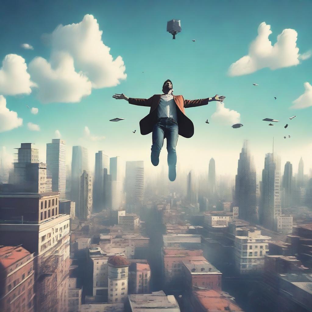 A surreal scene of a man floating in mid-air above a cityscape