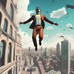 A surreal scene of a man floating in mid-air above a cityscape