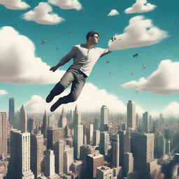 A surreal scene of a man floating in mid-air above a cityscape