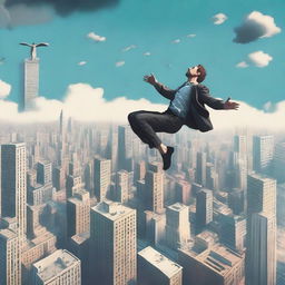 A surreal scene of a man floating in mid-air above a cityscape