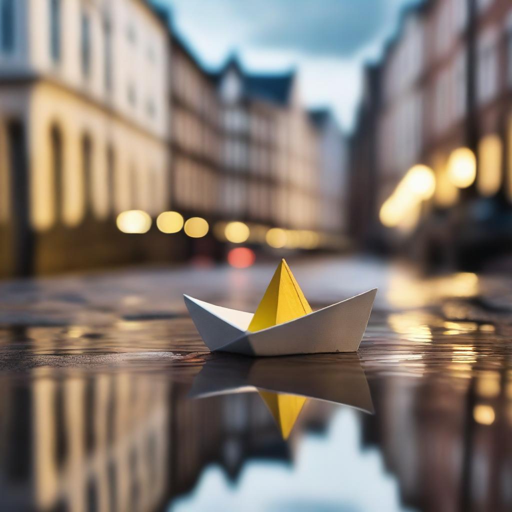 A charming and whimsical scene of a paper boat floating in a city puddle