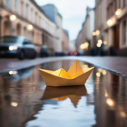 A charming and whimsical scene of a paper boat floating in a city puddle