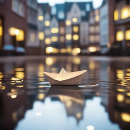 A charming and whimsical scene of a paper boat floating in a city puddle