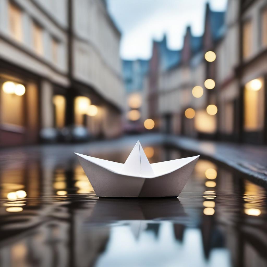 A charming and whimsical scene of a paper boat floating in a city puddle