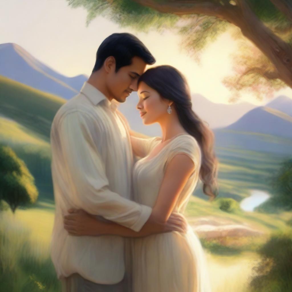 A beautiful and heartwarming depiction of two soul mates embracing each other in a serene and enchanting setting