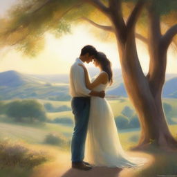 A beautiful and heartwarming depiction of two soul mates embracing each other in a serene and enchanting setting