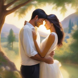 A beautiful and heartwarming depiction of two soul mates embracing each other in a serene and enchanting setting