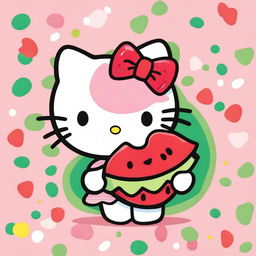 A cute cartoon image of Hello Kitty holding a slice of watermelon with a big smile