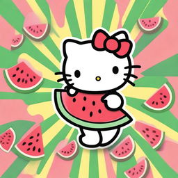 A cute cartoon image of Hello Kitty holding a slice of watermelon with a big smile