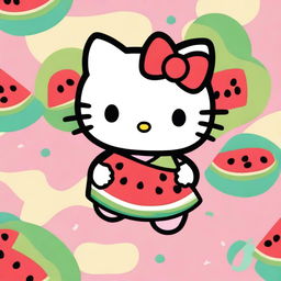 A cute cartoon image of Hello Kitty holding a slice of watermelon with a big smile