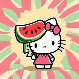 A cute cartoon image of Hello Kitty holding a slice of watermelon with a big smile