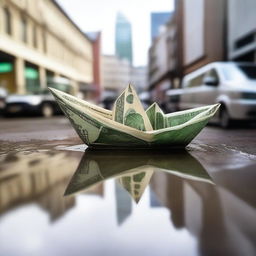 A whimsical scene of a paper boat made of money floating in a city puddle