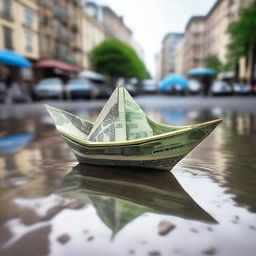 A whimsical scene of a paper boat made of money floating in a city puddle