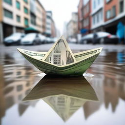 A whimsical scene of a paper boat made of money floating in a city puddle