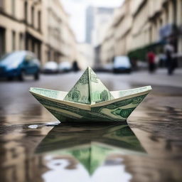 A whimsical scene of a paper boat made of money floating in a city puddle