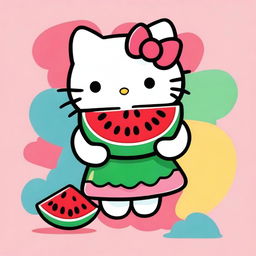 A cute cartoon image of Hello Kitty holding a slice of watermelon with a big smile