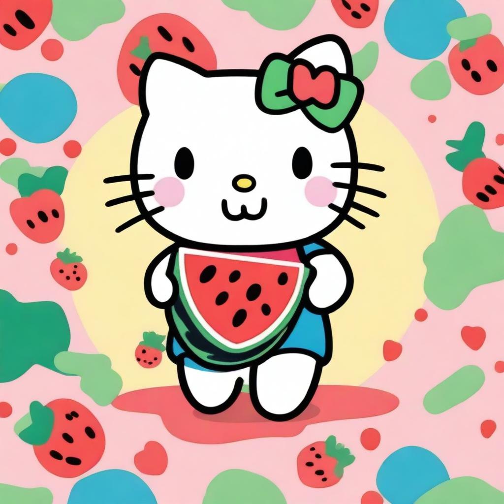 A cute cartoon image of Hello Kitty holding a slice of watermelon with a big smile