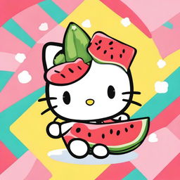 A cute cartoon image of Hello Kitty holding a slice of watermelon with a big smile