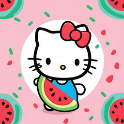 A cute cartoon image of Hello Kitty holding a slice of watermelon with a big smile