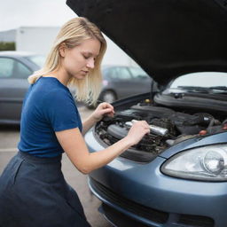 A blonde woman in a skirt mending a car, displaying her mechanic skills with confidence and focus.