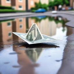 A detailed and creative scene of a paper airplane made of money floating in a city puddle