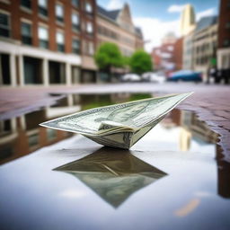 A detailed and creative scene of a paper airplane made of money floating in a city puddle