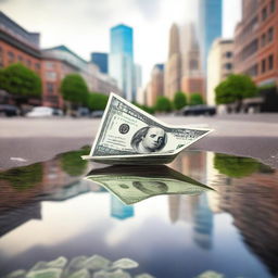 A detailed and creative scene of a paper airplane made of money floating in a city puddle