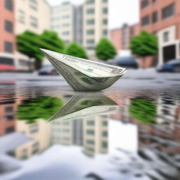 A detailed and creative scene of a paper airplane made of money floating in a city puddle