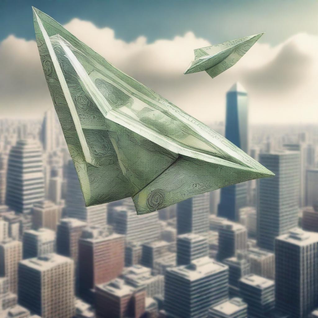 A surreal scene of a paper airplane made of money floating above a bustling city