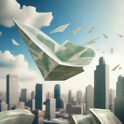 A surreal scene of a paper airplane made of money floating above a bustling city