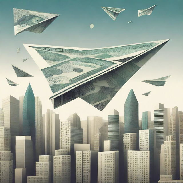 A surreal scene of a paper airplane made of money floating above a bustling city