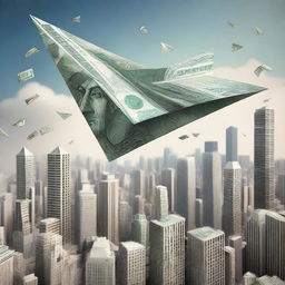 A surreal scene of a paper airplane made of money floating above a bustling city