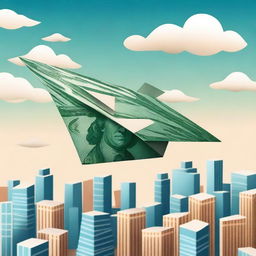 A whimsical and imaginative scene of a single paper airplane made of money floating above a city