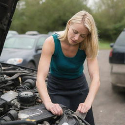 A blonde woman in a skirt mending a car, displaying her mechanic skills with confidence and focus.