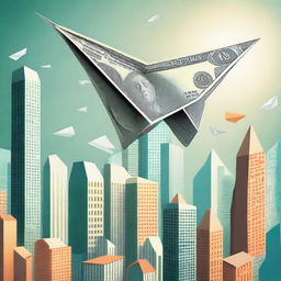 A whimsical and imaginative scene of a single paper airplane made of money floating above a city