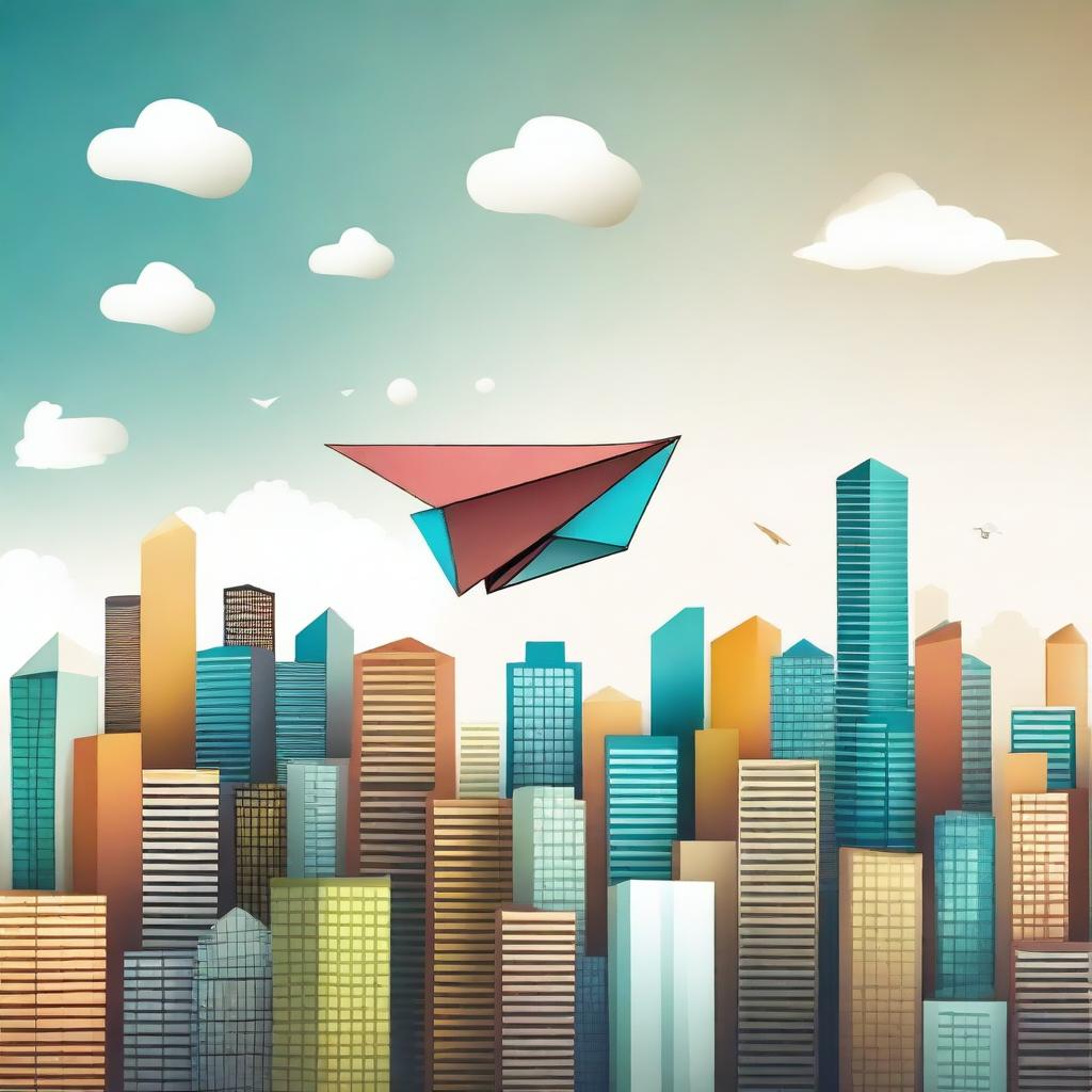 A whimsical and imaginative scene of a single paper airplane made of money floating above a city