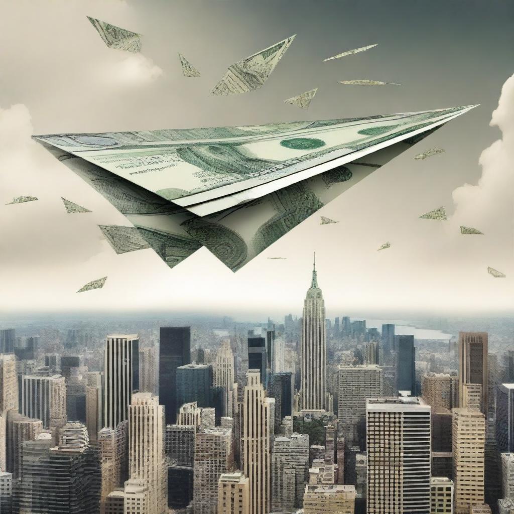 An album cover featuring a single paper airplane made of money floating above a city