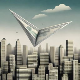 An album cover featuring a single paper airplane made of money floating above a city