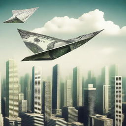 An album cover featuring a single paper airplane made of money floating above a city