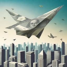 An album cover featuring a single paper airplane made of money floating above a city