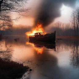 A dramatic and eerie scene of a boat on fire floating on an abandoned lake