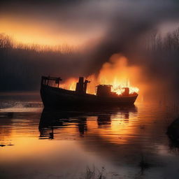 A dramatic and eerie scene of a boat on fire floating on an abandoned lake