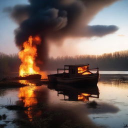 A dramatic and eerie scene of a boat on fire floating on an abandoned lake