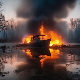 A dramatic and eerie scene of a boat on fire floating on an abandoned lake