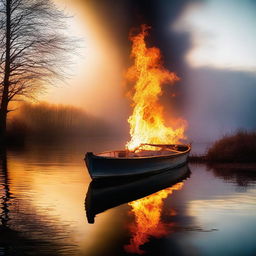 A haunting and surreal scene of an undamaged boat on fire, floating on an abandoned lake