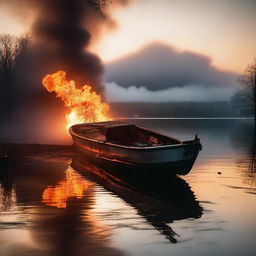 A haunting and surreal scene of an undamaged boat on fire, floating on an abandoned lake