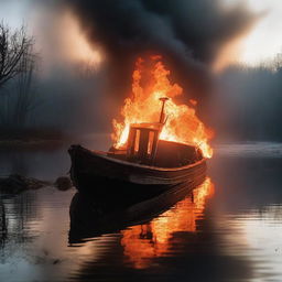 A haunting and surreal scene of an undamaged boat on fire, floating on an abandoned lake