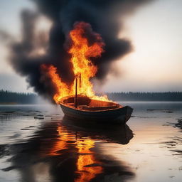 A haunting and surreal scene of an undamaged boat on fire, floating on an abandoned lake